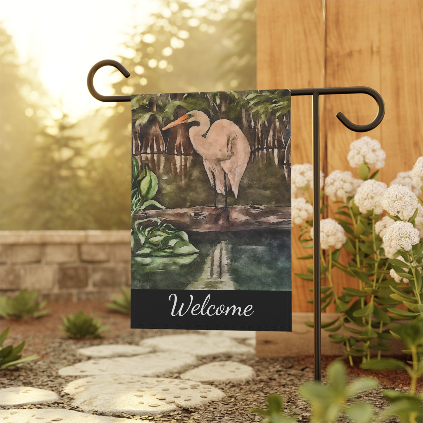 Garden & House Banner, Watercolor, Egret Perch, FrediFreds Home Collection