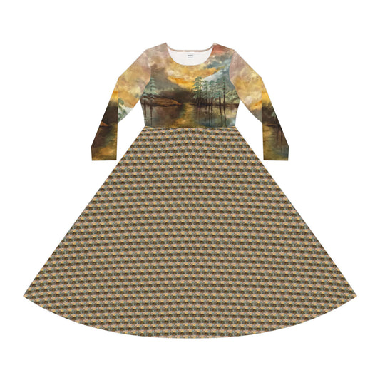 Women's Long Sleeve Modest Dress (AOP), Whimsical, Moon Lake, FrediFreds Home Collection