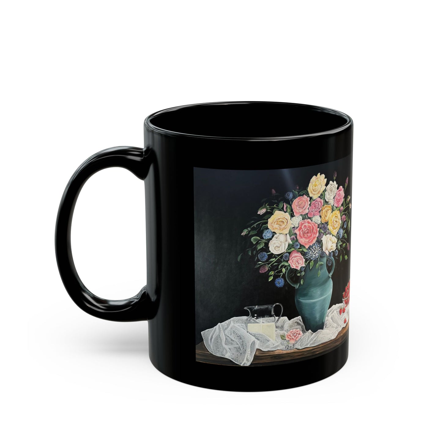 Black Mug (11oz, 15oz), Strawberries, Fruits of the Spirit, Coffee Devotion, FrediFreds Home Collection