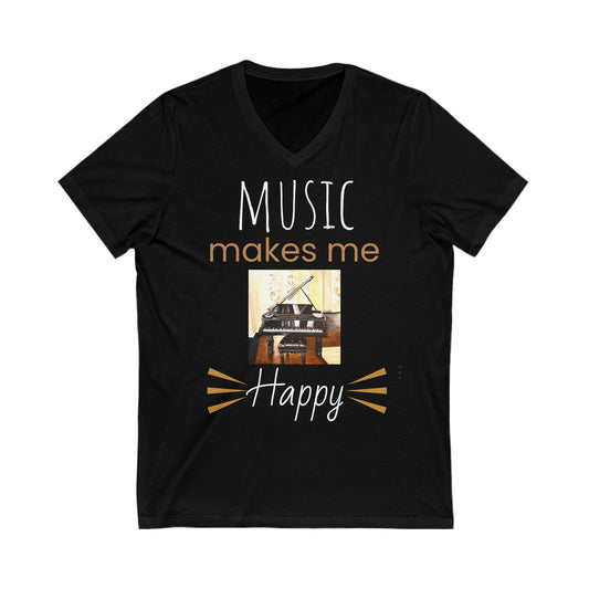 Unisex Jersey Short Sleeve V-Neck Tee, Piano Art, Music, Happy