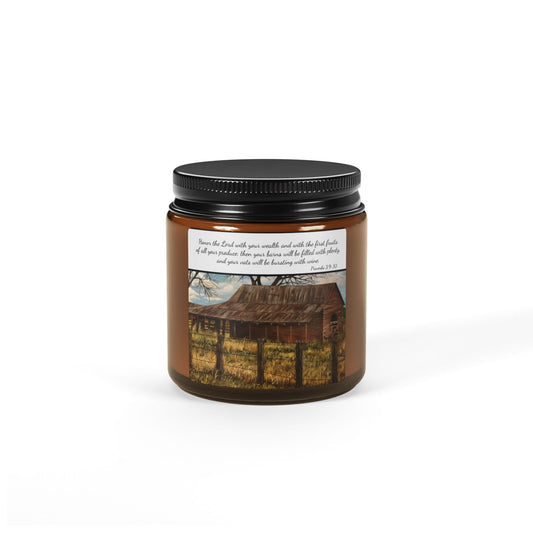 Scented Soy Candle (Multi-Size, Amber Jar), Proverbs 3:9-10, Barn, FrediFreds Home Collection