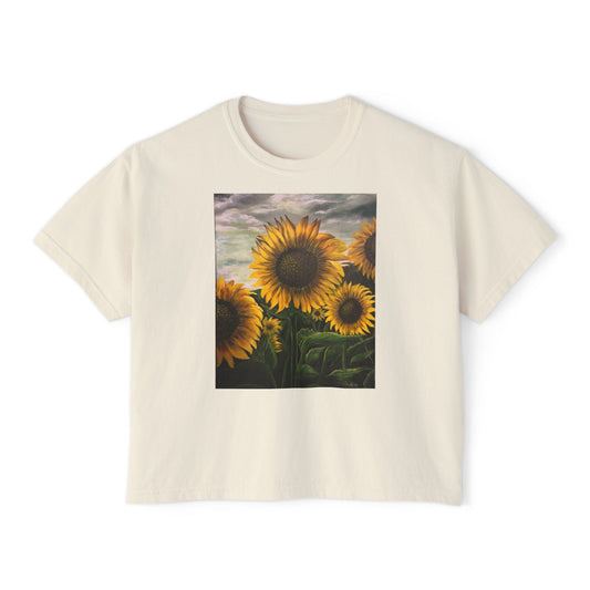 Women's Boxy Tee, Sunflowers, Fields, Nature, Pollinator, Artsy, FrediFred Home Collection