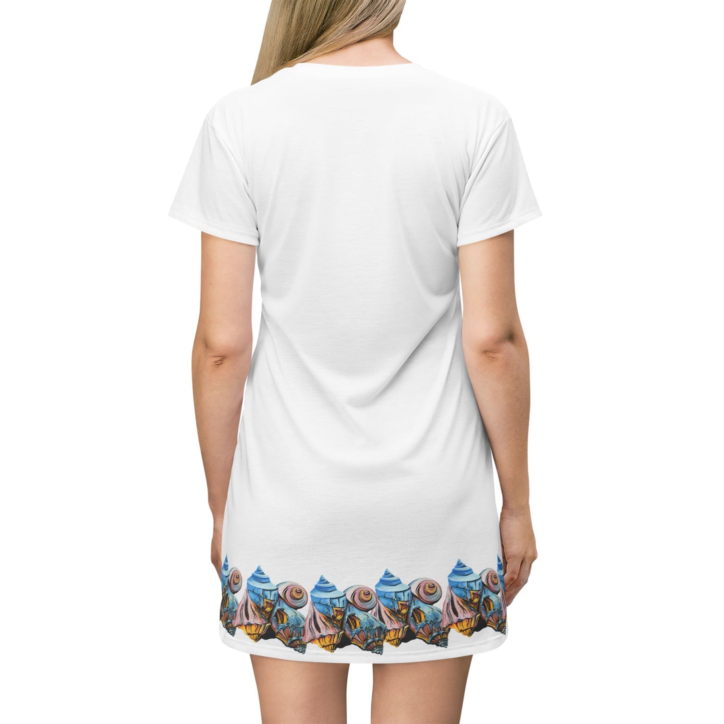 T-Shirt Dress (AOP), Artsy Beach Shells, Beachwalker Club Collection