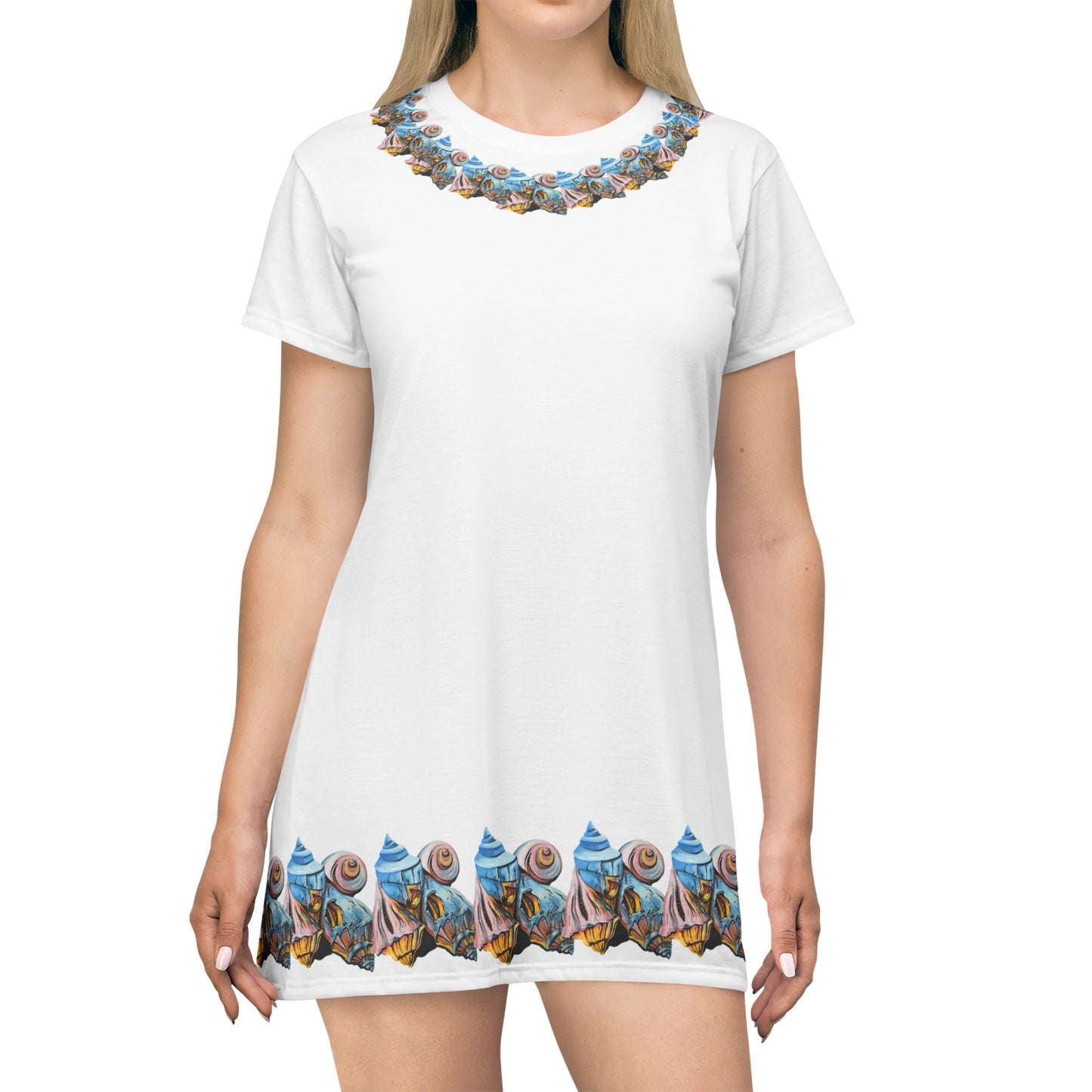 T-Shirt Dress (AOP), Artsy Beach Shells, Beachwalker Club Collection