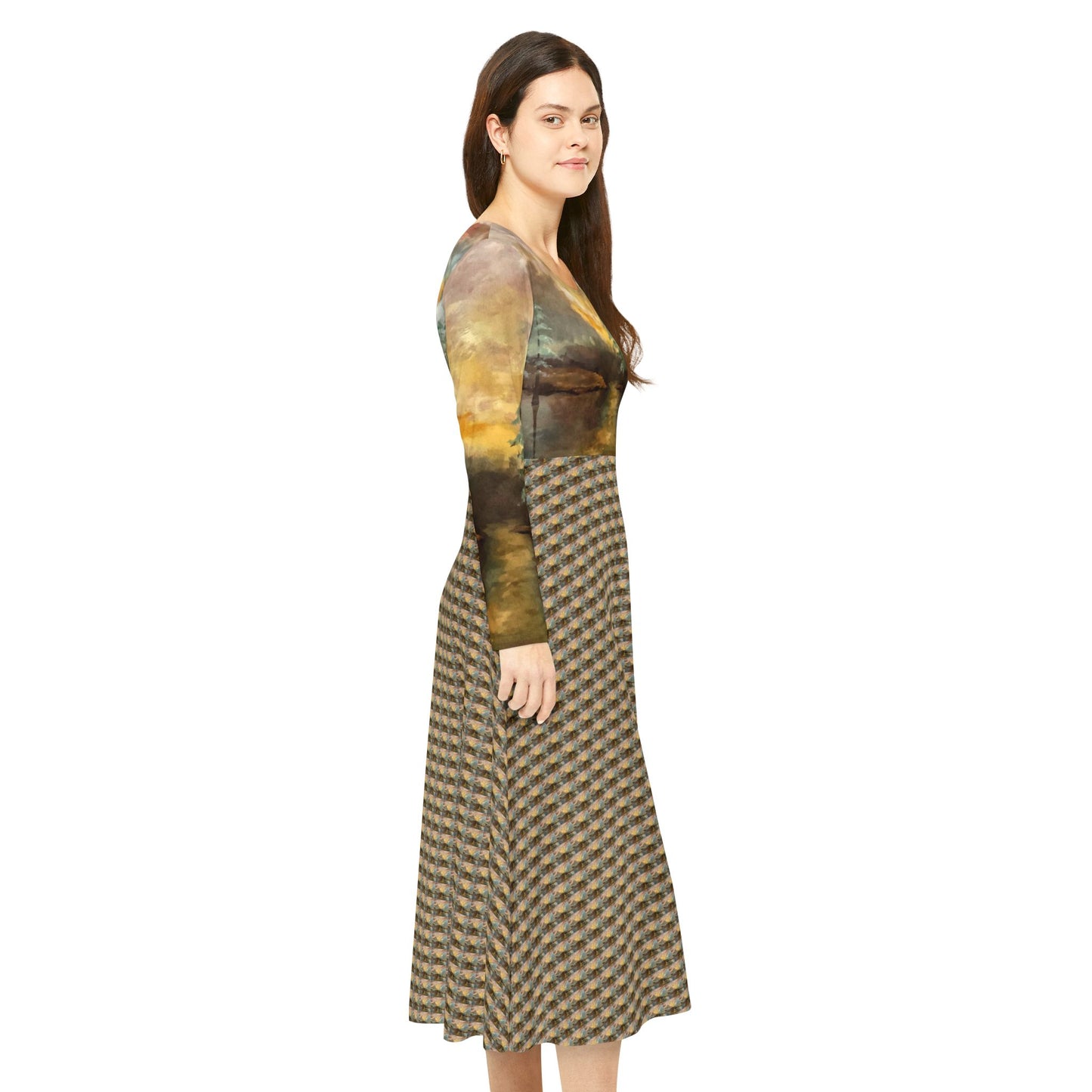 Women's Long Sleeve Modest Dress (AOP), Whimsical, Moon Lake, FrediFreds Home Collection