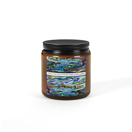 Scented Soy Candle (Multi-Size, Amber Jar), Abstract Biblical Art, Genesis 1:3, FrediFred Home Collection