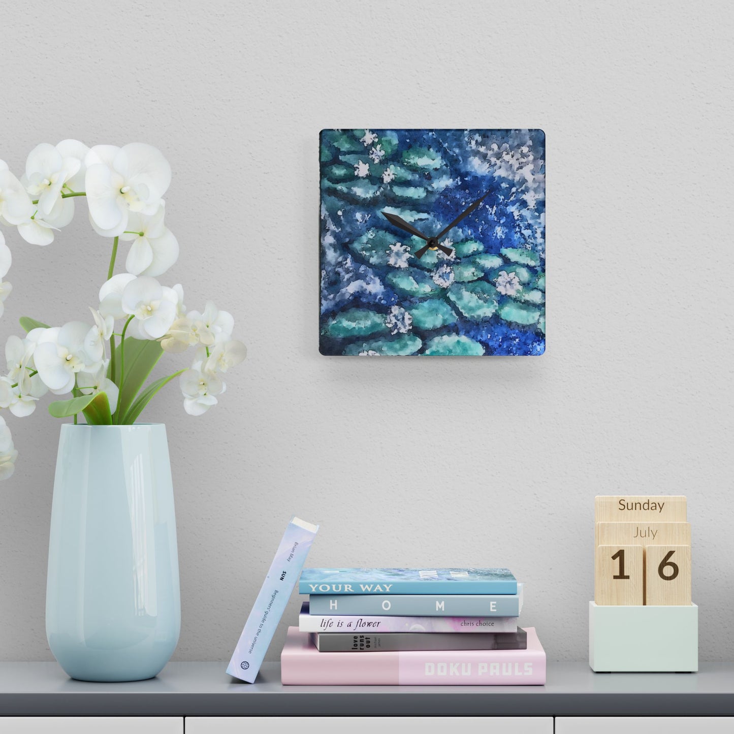 Acrylic Wall Clock, Water Lilies, FrediFreds Home Collection