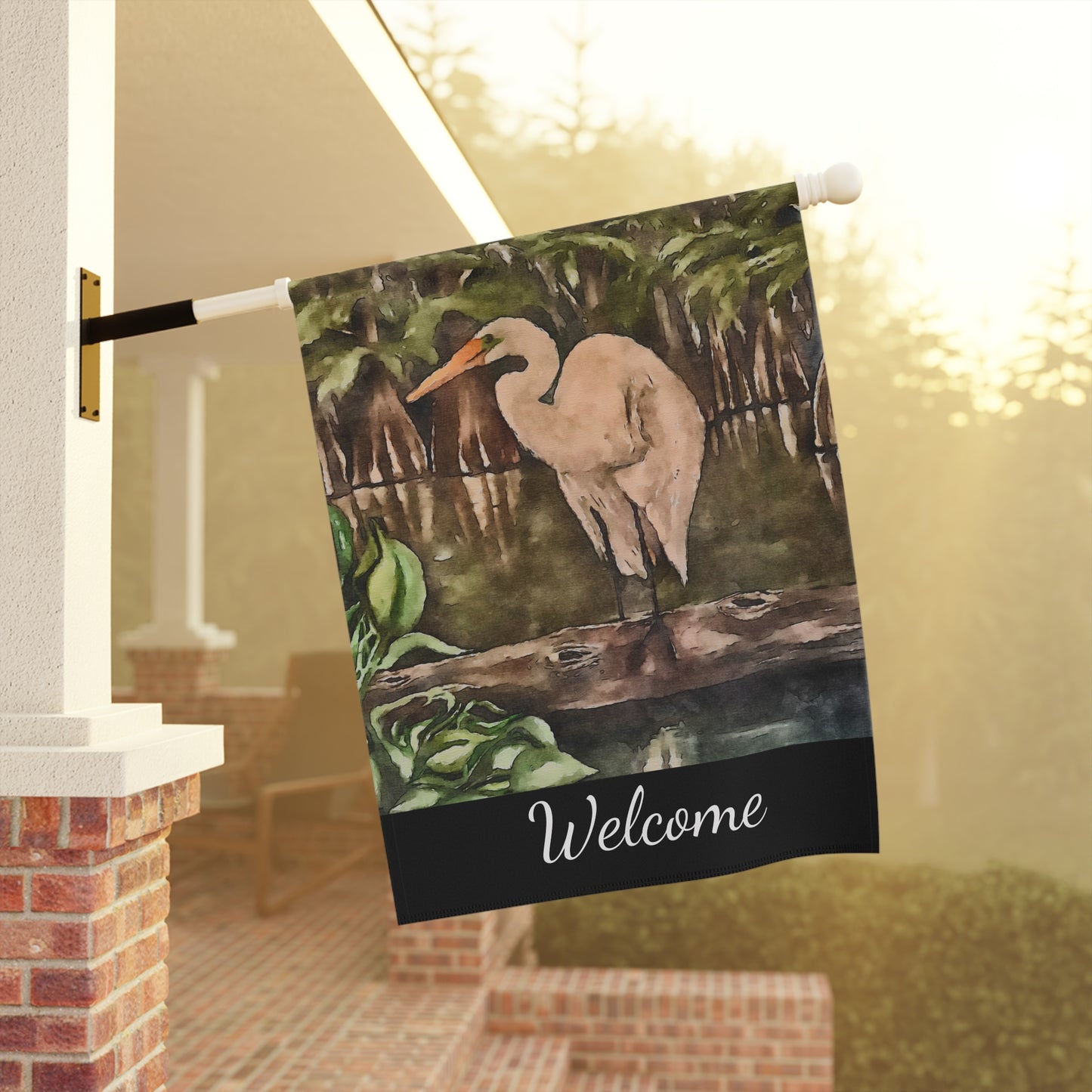 Garden & House Banner, Watercolor, Egret Perch, FrediFreds Home Collection