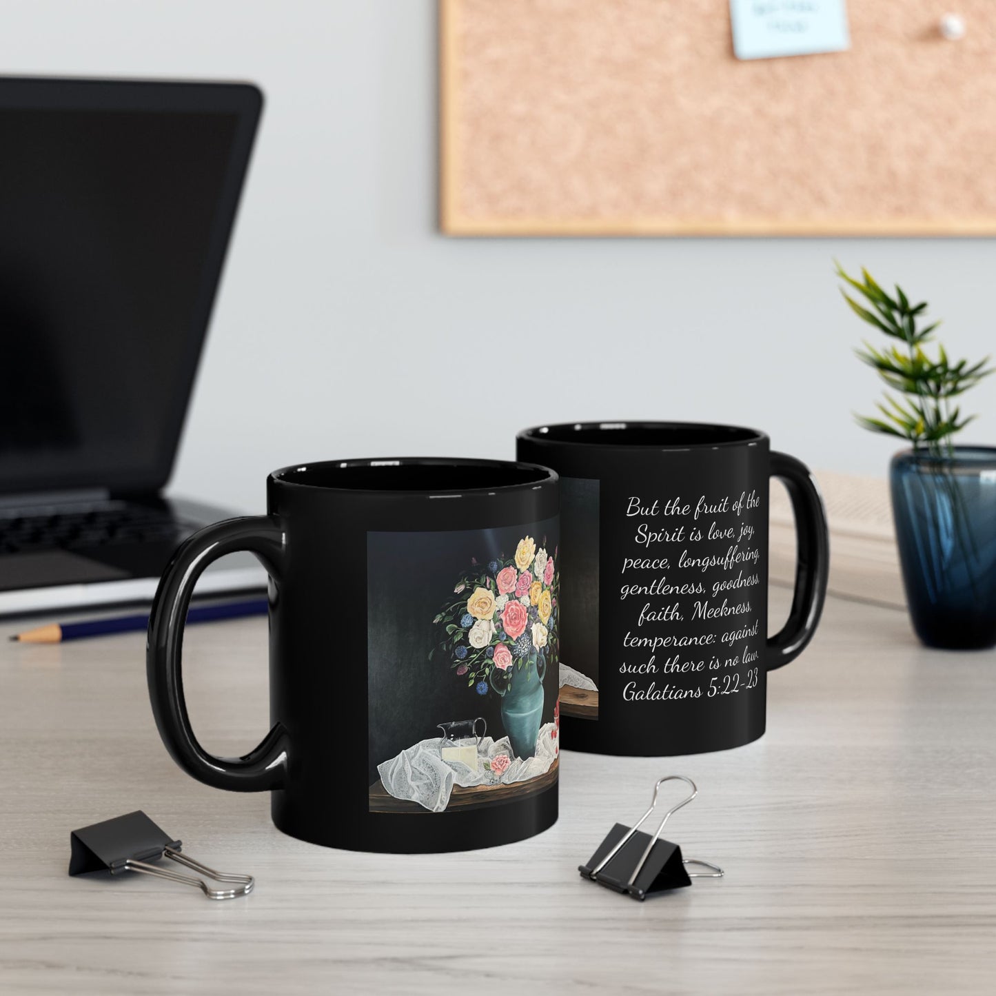 Black Mug (11oz, 15oz), Strawberries, Fruits of the Spirit, Coffee Devotion, FrediFreds Home Collection