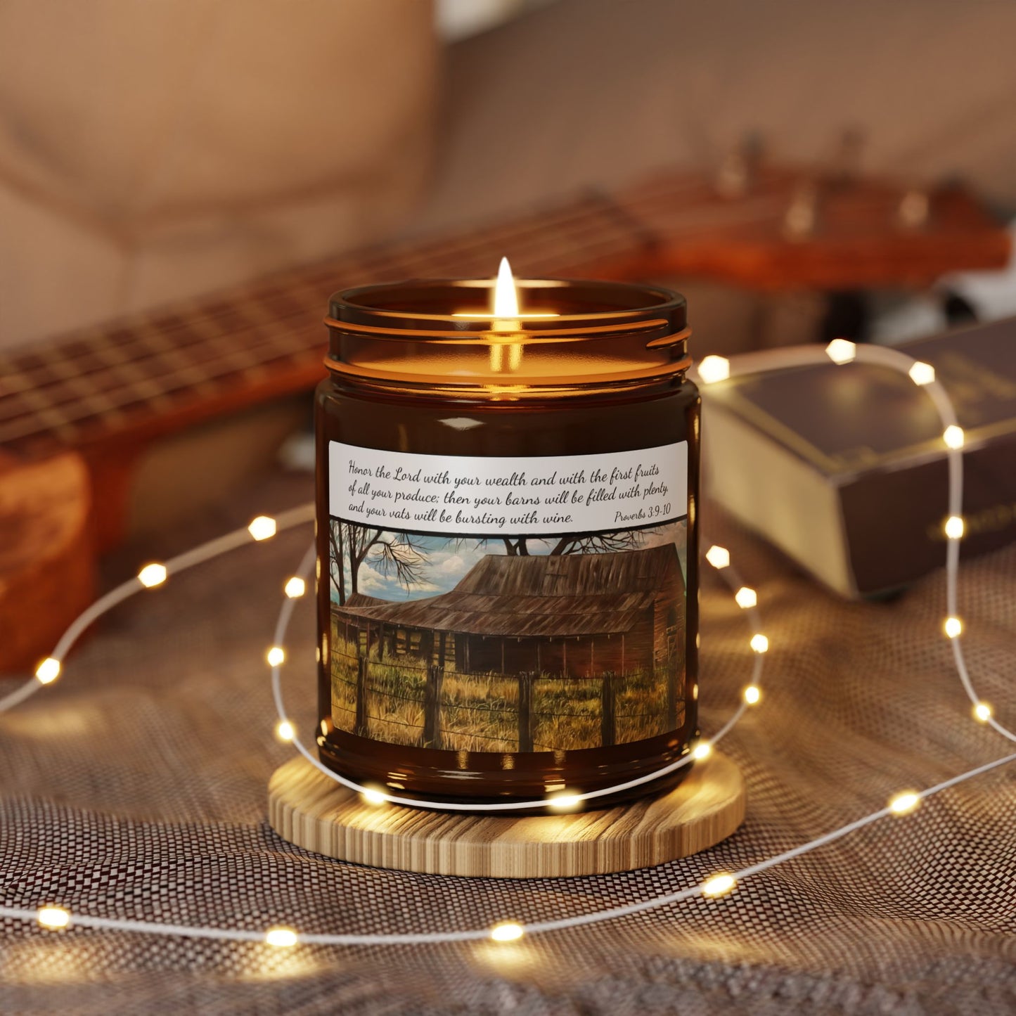 Scented Soy Candle (Multi-Size, Amber Jar), Proverbs 3:9-10, Barn, FrediFreds Home Collection